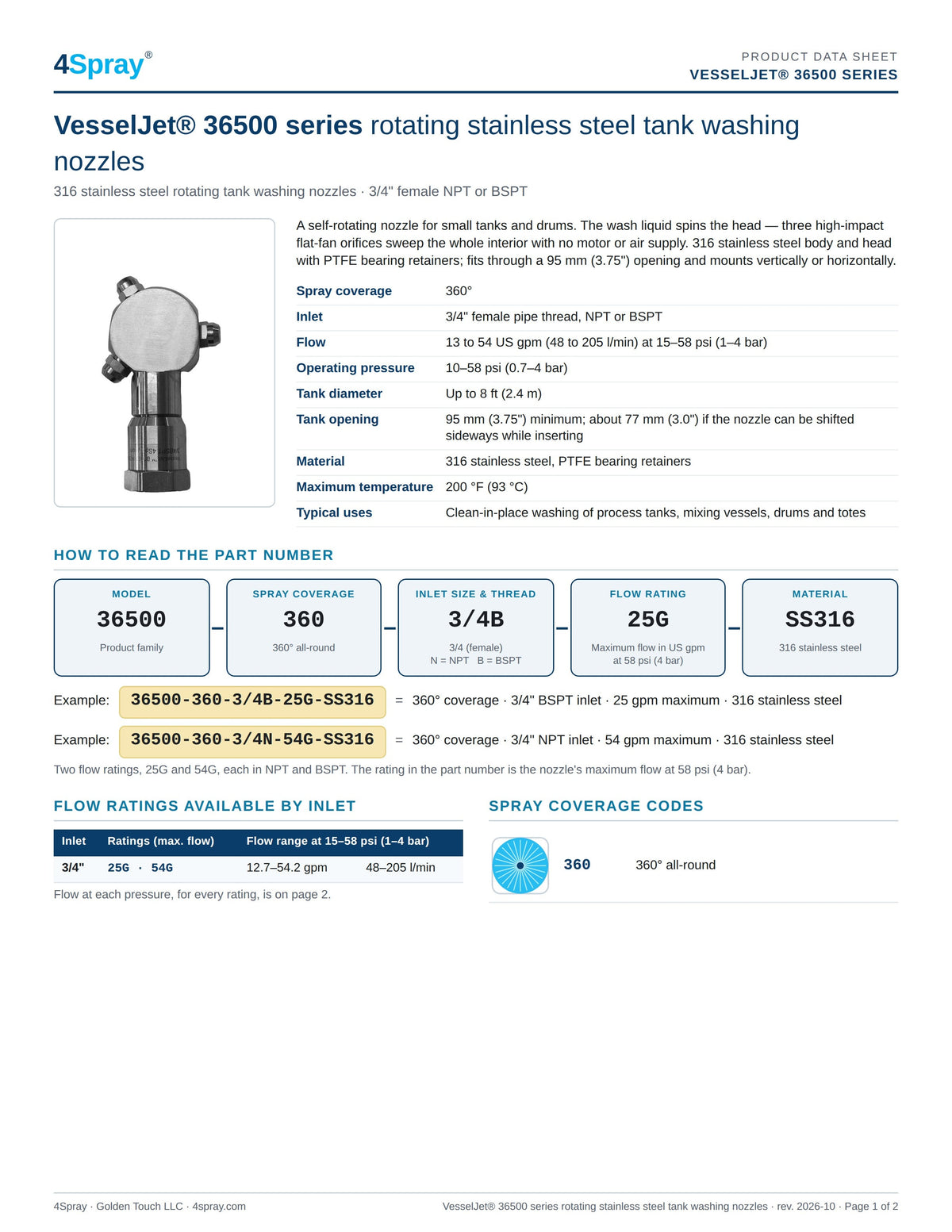 VesselJet 36500 series data sheet, page 1 of 2: ordering information