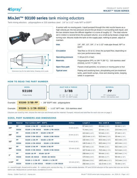 MixJet 93100 series data sheet, page 1 of 2: ordering information