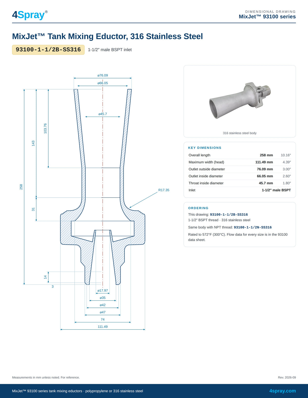 MixJet 93100 316 stainless steel tank mixing eductor 93100-1-1/2B-SS316 dimensional drawing