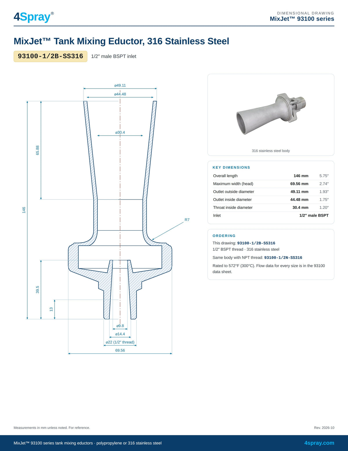 MixJet 93100 316 stainless steel tank mixing eductor 93100-1/2B-SS316 dimensional drawing