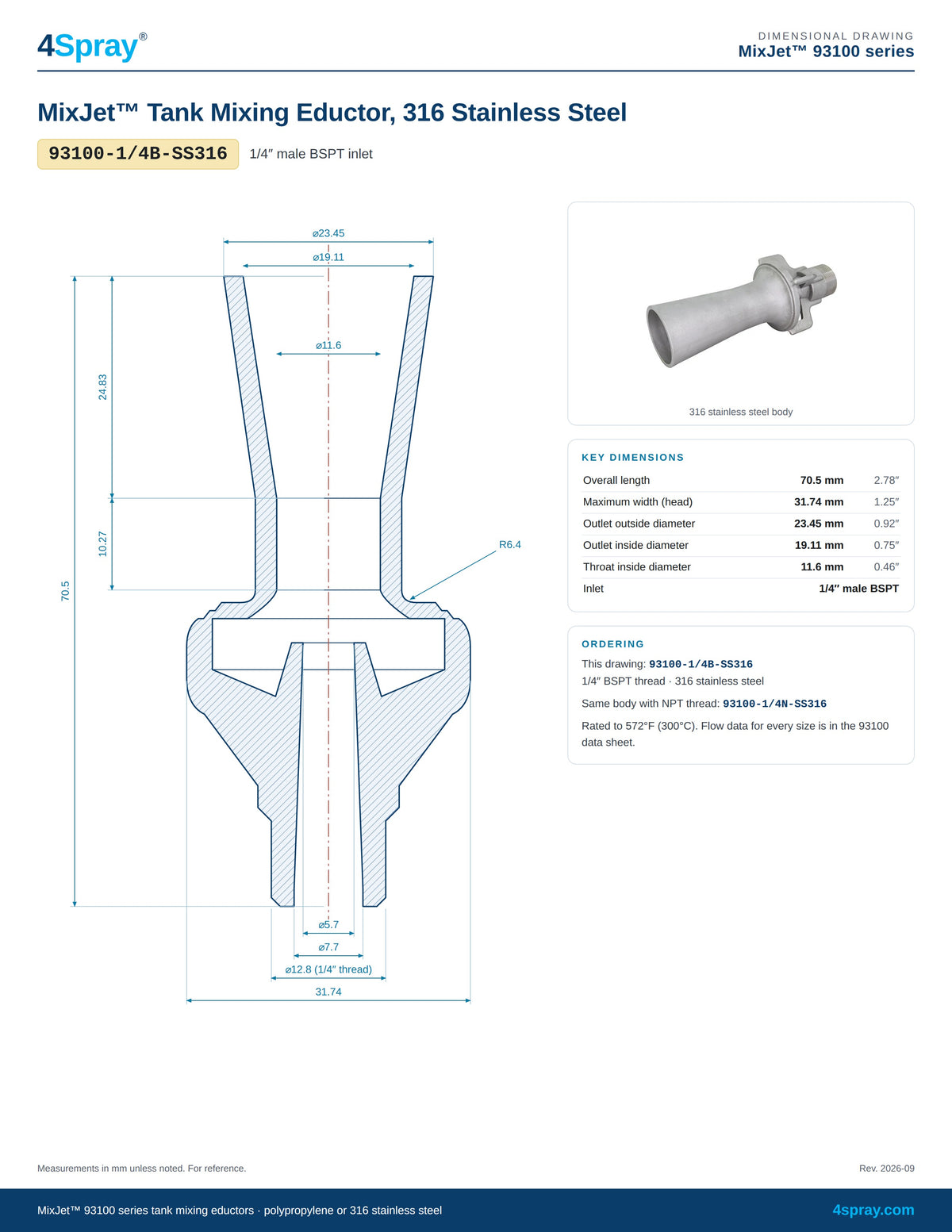 MixJet 93100 316 stainless steel tank mixing eductor 93100-1/4B-SS316 dimensional drawing
