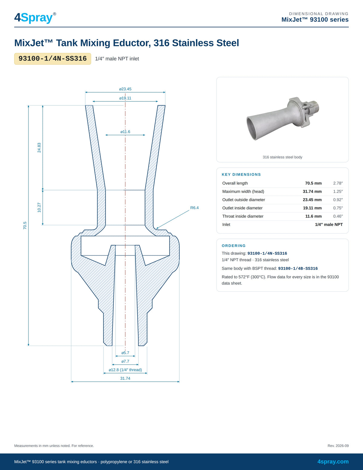 MixJet 93100 316 stainless steel tank mixing eductor 93100-1/4N-SS316 dimensional drawing