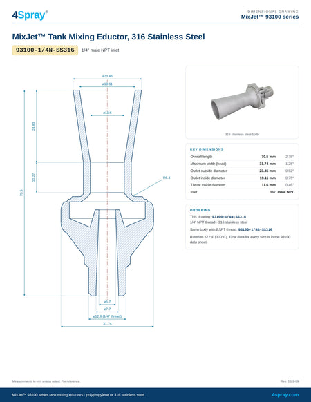 MixJet 93100 316 stainless steel tank mixing eductor 93100-1/4N-SS316 dimensional drawing