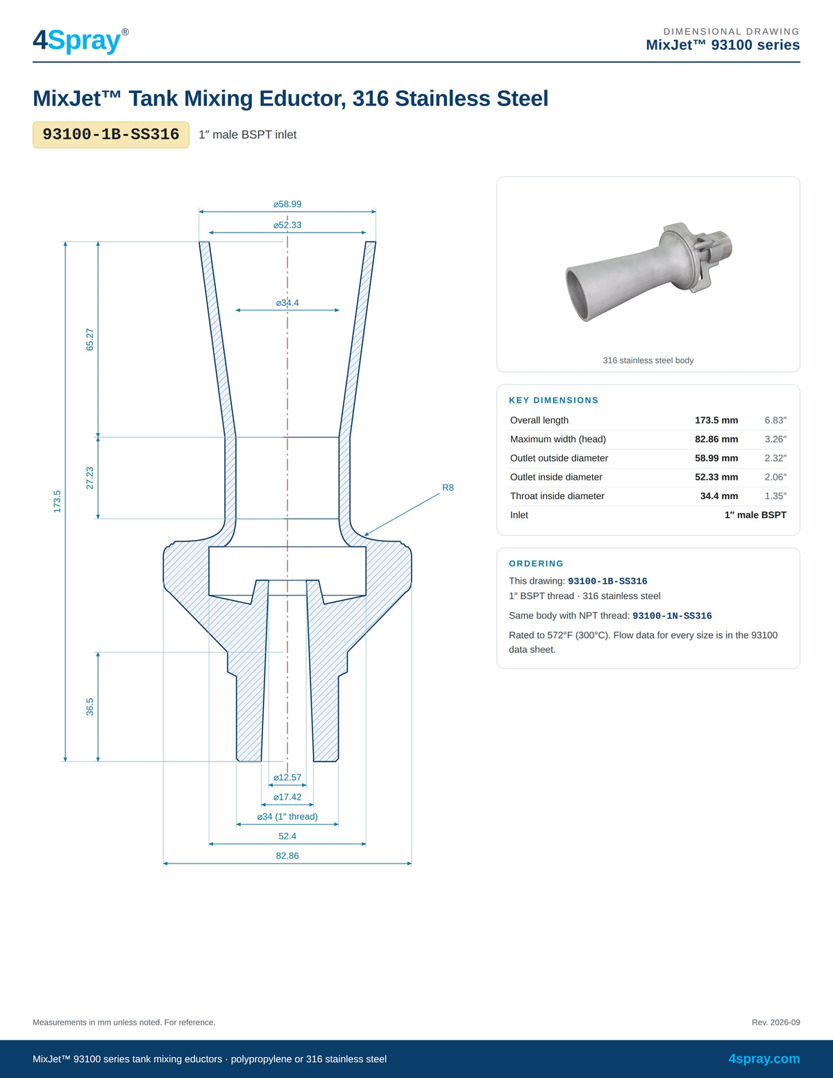 MixJet 93100 316 stainless steel tank mixing eductor 93100-1B-SS316 dimensional drawing
