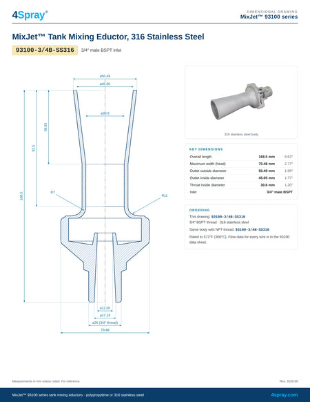MixJet 93100 316 stainless steel tank mixing eductor 93100-3/4B-SS316 dimensional drawing