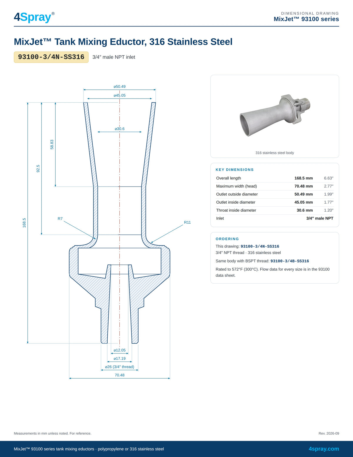 MixJet 93100 316 stainless steel tank mixing eductor 93100-3/4N-SS316 dimensional drawing