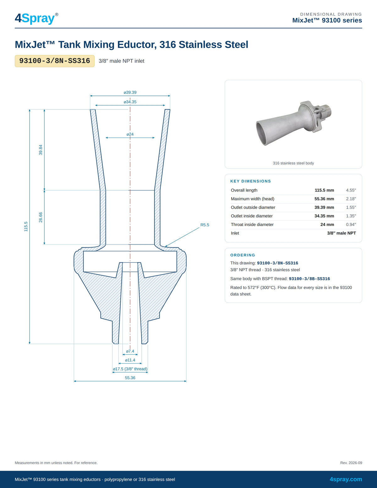 MixJet 93100 316 stainless steel tank mixing eductor 93100-3/8N-SS316 dimensional drawing