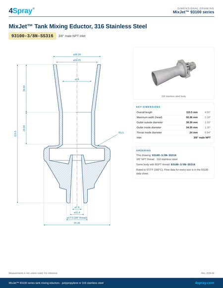 MixJet 93100 316 stainless steel tank mixing eductor 93100-3/8N-SS316 dimensional drawing